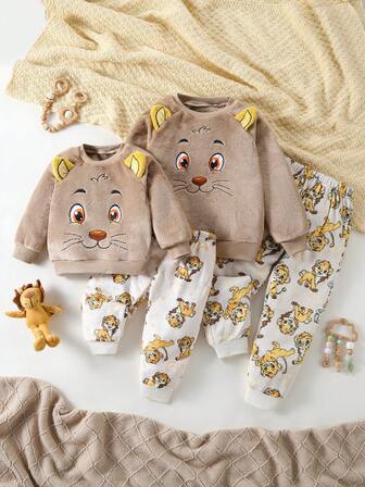 2pcs Young BoyCartoon Graphic Plush Crew Neck Long Sleeve Top And Pants Pajama Set