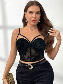 Firerie Áo hai dây lưới họa tiết hoa cỡ lớn ôm vừa vặn gợi cảm dành cho nữ - màu đen - Xem 5