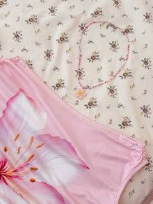 SHEIN 少女度假风碎花不对称肩部弹力短袖褶皱腰身上衣 - 彩色 - 查看 3