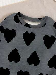 少女舒适秋冬休闲时尚创意个性清新简约高端黑色爱心图案印花宽松灰色圆领卫衣，舒适秋冬女童卫衣 - 彩色 - 查看 5