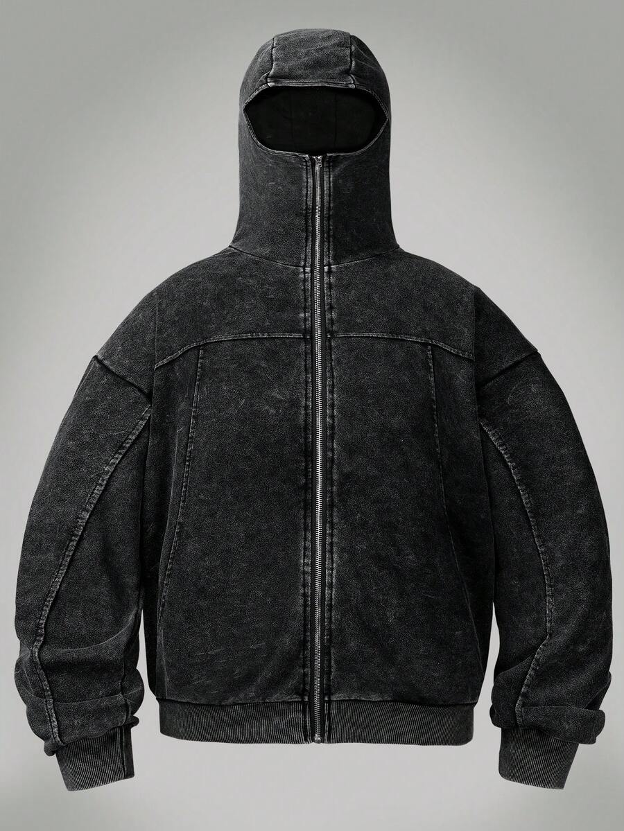 Manfinity EMRG 男士纯色长袖拉链连帽休闲卫衣，男士街头服饰，宽松版型。品牌：我爱我的男朋友，图案，水洗效果，结构线条，口罩，帽子，街头风格 - 黑色 - 查看 1
