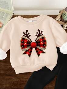 Baby Girl Christmas Beige,Autumn,Cute,Birthday Series Glitter Reindeer&Bow Print Long Sleeve Sweatshirt&Flared Winter Pants Set,Soft Warm Outfit - Multicolor - View 3