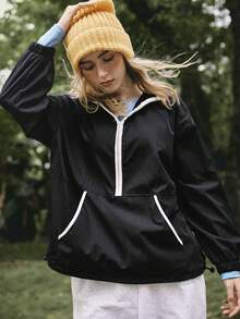 Medorelle Boho Winter  Christmas  New Year  Party   Black & White Color Block Metal Zipper Pullover Sports Jacket For Women Casual Athleisure Sport Activewear Summer - Black - View 4