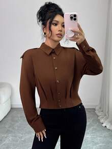 Elenzga Chaqueta utilitaria de manga larga con cuello de camisa, botones decorativos, dobladillo plisado y tirantes, color marrón chocolate, estilo retro francés elegante, minimalista y versátil, adecuada para otoño/invierno, Halloween, Navidad, Acción de Gracias, té de la tarde, reuniones familiares - Marrón Chocolate - Ver 3