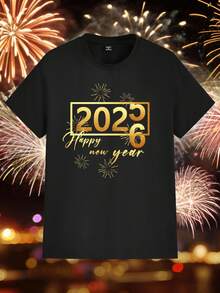 Manfinity Homme 2026新年庆祝金属金色时尚休闲印花男士标准版型短袖T恤，温馨家庭氛围亲子/情侣装 - 黑色 - 查看 3