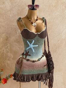 Soleia 女士度假露背镂空露背复古渐变麻灰海星刺绣针织连衣裙，适合派对、晚会、性感、约会、海滩度假、夏季服装、节日约会、下午茶、海滨海滩邮轮度假、城市度假、波西米亚风度假、音乐节、沙滩裙，可内外穿着，适合所有季节 - 棕色 - 查看 7