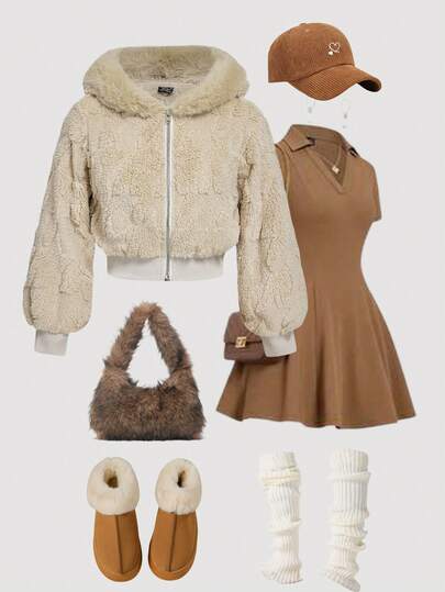 SHEIN MOD 加大码仿毛领千鸟格长袖毛绒外套，卡其色，带帽长袖心形图案毛绒饰边外套，秋冬季，早午餐女士，秋季婚礼宾客连帽衫，返校节，90年代风格，女士晚秋休闲撞色毛绒外套，拉链常规袖连帽常规版型纯色女式外套，休闲日常穿着