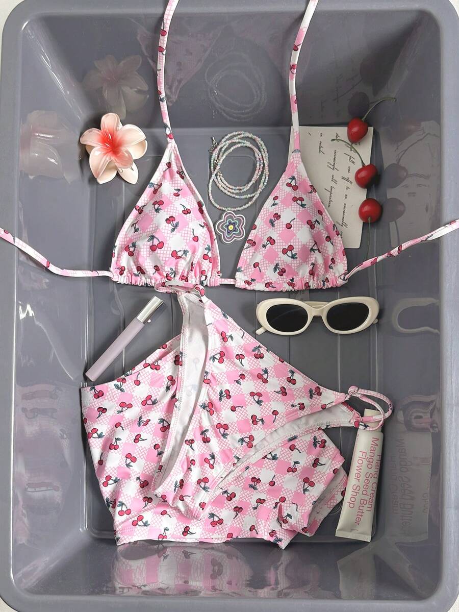Swim Mod Bộ bikini hai dây buộc 3 mảnh họa tiết caro anh đào dành cho nữ, kỳ nghỉ hè trên bãi biển - Nhiều màu - Xem 1
