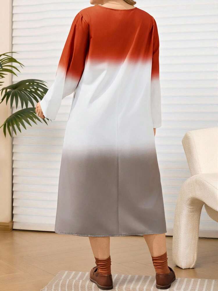Plus Size Women Fall/Winter Vacation Street Fashion Casual Long Sleeve Round Neck Colorblock Ombre Long Dress With Pockets, Autumn/Winter,Going Out Outfits,2025 New Clothes,Simple And Fashionable For Everyday Wear,Christmas Outfit For Women ,New Year Clothes,Plus Size Winter Clothes, Christmas Outfit For Women ,New Year Clothes,Thanksgiving Outfit For Women ,New Year Dress,Flowy Dress,