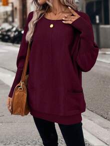 EMERY ROSE Fashionable Casual Versatile Loose Batwing Sleeve Scoop Neck Pullover Sweater For Women, Autumn/Winter - Burgundy - View 6