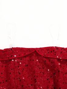 SHEIN Tween Girl Casual Minimalist Comfortable Off Shoulder Cinched Waist A-Line Mid-Length Dress, Red - Red - View 6