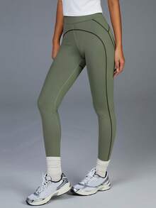 Menodora SHEIN Sport Women's High-Waisted Leggings,Army Green,Summer,Athletic,Gym,Soft Stretchy Fabric,Stylish Contrast Stitching,Sculpting Slim Fit,Moisture-Wicking Yoga - Dark Green - View 7