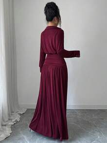 Selianne 女式优雅勃艮第衬衫领闪光雪纺褶饰腰部设计金属装饰纽扣长袖修身连衣裙，春秋 - 酒紅色 - 查看 2