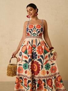 Travachic 大码女式杏色热带花卉印花连衣裙，长吊带连衣裙，适合早春穿着 - 杏色 - 查看 1