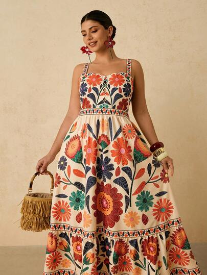 Travachic Plus Size Women's Apricot Tropical Floral Print Dress, Long Strap Dress For Early Spring Vacation Outfits Women Tropical Vacation Outfits Beach Fashion Plus Size Resort Wear Bohemian Bohostyle Boho Fits  Floral Dress
