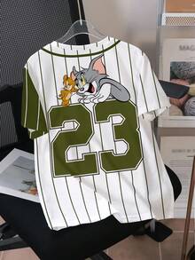 TOM & JERRY X SHEIN 男童休闲条纹撞色卡通图案圆领短袖T恤，夏季 - 白色 - 查看 2