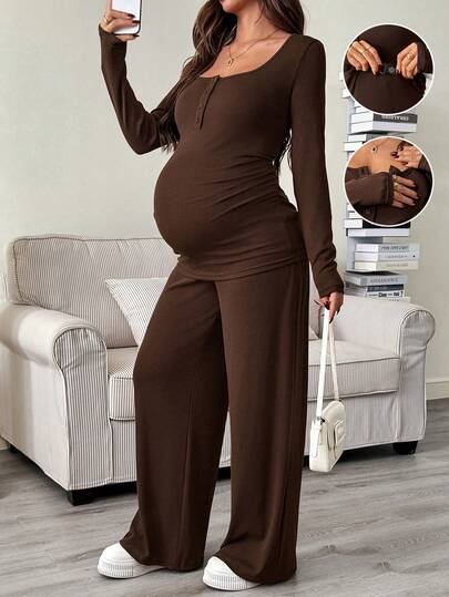 SHEIN Autumn And Winter 2pcs Maternity Casual Solid Color Top And Pants Nursing Set, Autumn Brown Maternity Dress Maternity Jumpsuits For Woman Pregnancy Clothes Maternity 2 Piece Set Maternity Clothes Two Piece Suits