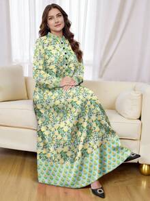 SHEIN Najma 大码女式花卉植物印花撞色纽扣领长袖连衣裙 - 彩色 - 查看 1