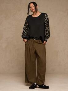 SHEIN VCAY Plus Size Women Leopard Print Patchwork Long Sleeve Casual Blouse Cheetah Top Puffy Sleeve Top Western - Black - View 3
