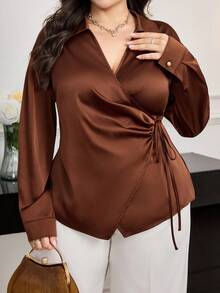 Modelyn Plus Size Women's Solid Color Lapel Drop Shoulder Long Sleeve Wrap Tie Elegant Blouse - Coffee Brown - View 3