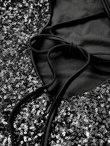 INAWLY Đầm mini tay cánh dơi cổ tròn màu trơn đính sequin cho nữ - màu đen - Xem 3