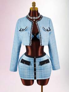 Amplova 优雅的牛奶蓝色格子羊毛短款上衣，撞色紧身吊带背心文胸上衣和撞色迷你裙 3 件套 - 藍色 - 查看 5