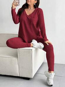 Vionelle Conjunto de top y pantalones de talla grande con textura y rayas en cuello en V - Burdeos - Ver 3