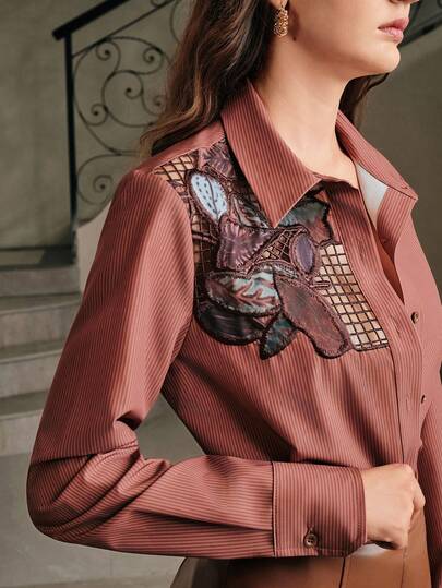 Anewsta 女性用 秋の葉柄 ホロー刺繍 ストライプシャツ