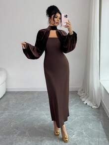 SHEIN Elenzya 女士丝绒高领露背系带蝴蝶结蝙蝠袖吊带裙，优雅复古法式风格，适合办公室、休闲、商务、街头时尚等场合，秋冬季节穿着，也适合感恩节、圣诞节、新年派对、假日等场合。 - 咖啡棕 - 查看 6