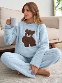 EURMUSE Plus 2pcs Plush Bear Embroidery Detail Homewear PJ Set - Baby Blue - View 3