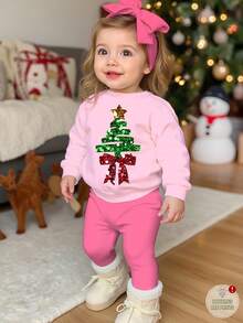 Merry Christmas Casual Cute Sweet Bow Christmas Tree Pattern, Cream Pink Christmas Red, Lady Ballet Style, Festive, Baby Girl Casual Soft Thick Crew Neck Long Sleeve Sweatshirt And Leggings Set, Suitable For Autumn/Winter Christmas Baby Girl Christmas Casual Pant Sets Christmas Outfit Baby Girl Christmas Outfit Baby Girl Long Sleeve Christmas Outfit - Multicolor - View 1