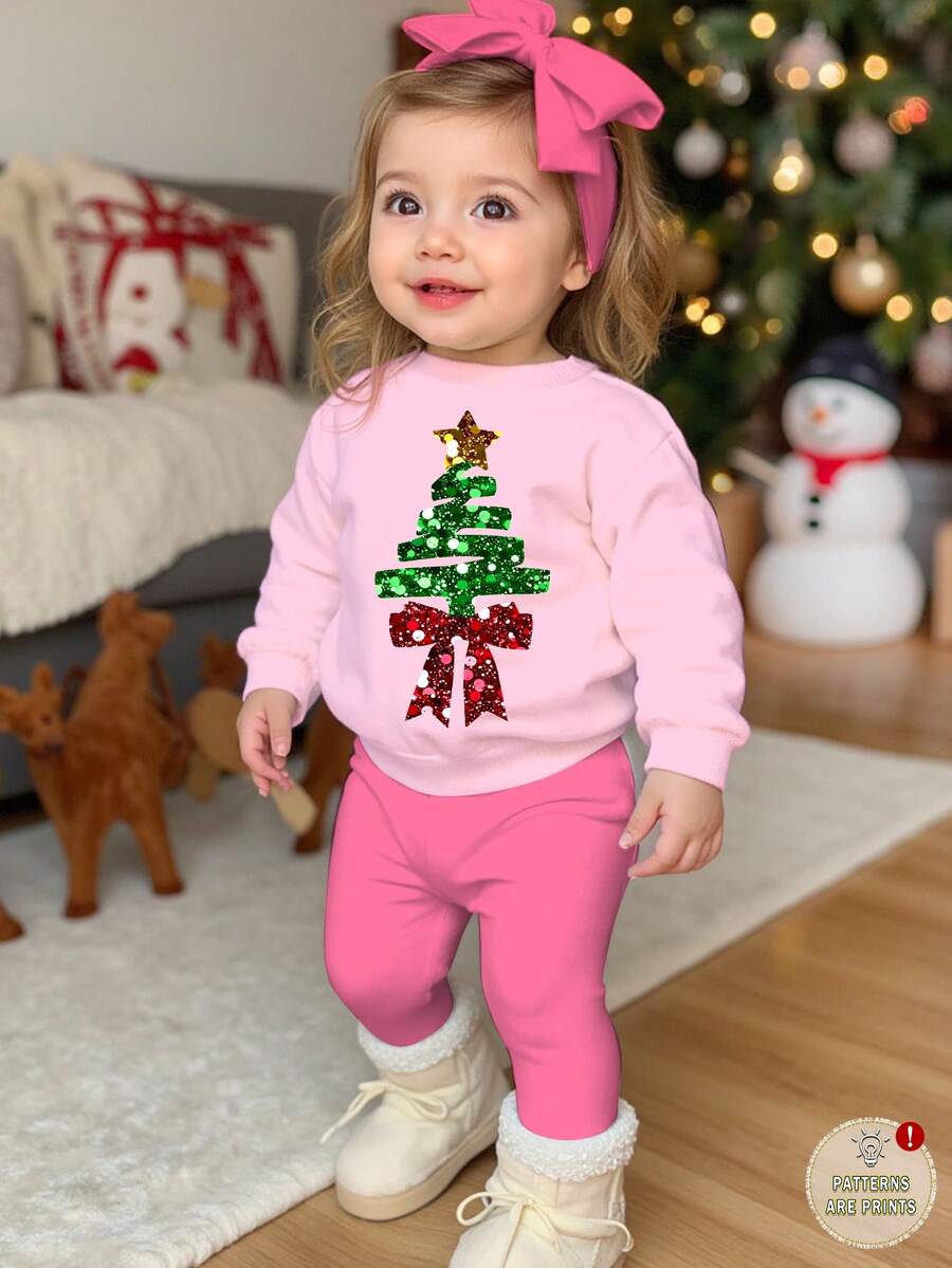 Merry Christmas Casual Cute Sweet Bow Christmas Tree Pattern, Cream Pink Christmas Red, Lady Ballet Style, Festive, Baby Girl Casual Soft Thick Crew Neck Long Sleeve Sweatshirt And Leggings Set, Suitable For Autumn/Winter Christmas Baby Girl Christmas Casual Pant Sets Christmas Outfit Baby Girl Christmas Outfit Baby Girl Long Sleeve Christmas Outfit - Multicolor - View 1