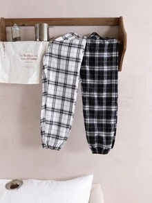 2件套女童优雅经典格子弹力腰裤，百搭舒适家居服/睡衣套装