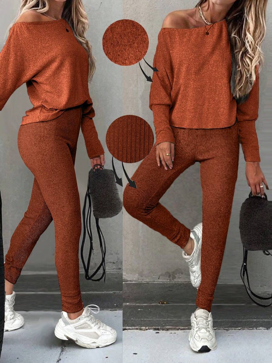 SHEIN LUNE Women's Solid Color Batwing Sleeve Top And Pants Casual 2 Pieces Set - Burnt Orange - View 1