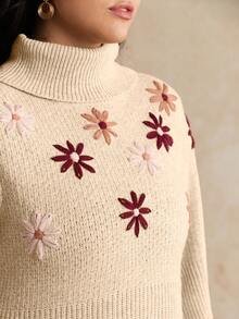 Nubod 大码花卉刺绣高领灯笼袖针织中长连衣裙，优雅显瘦，秋冬款 - 杏色 - 查看 3