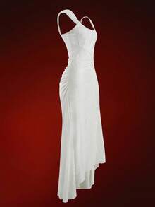 Glisette Women's White Lace Elegant Fitted Mermaid Dress With Wide Straps, Suitable For Vacation, Party, Wedding - Beige - View 3