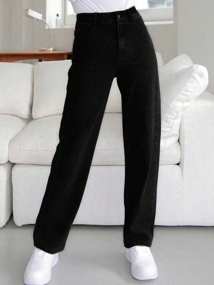 DAZY Women's High Waist Pockets Straight Loose Casual Versatile Denim Jeans - Black - View 7