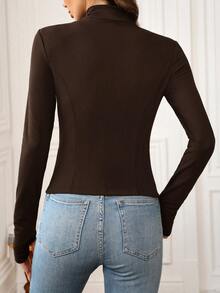 SHEIN LUNE 立领弹力抓绒修身紧身瑜伽外套，女士秋冬季防晒运动外套 - 咖啡棕 - 查看 2