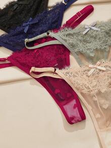 Charlaine 5条/包 女士低腰蕾丝丁字裤，随机心形图案 - 彩色 - 查看 4