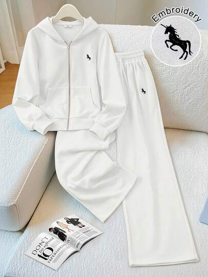 GlowEve 女士时尚休闲纯色刺绣连帽口袋拉链宽松卫衣和刺绣高腰抽绳宽松直筒运动裤套装，适合日常、运动和休闲穿着。