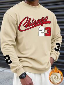 Manfinity Dauomo Sudadera con estampado gráfico de Chicago 23 para hombres - con rojo y letras, ajuste holgado de cuello redondo, informal, lavable a máquina, apto para todas las estaciones - Albaricoque - Ver 1