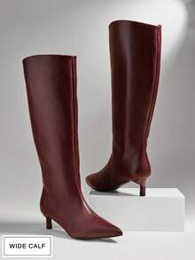 SHUZIA بوت نسائية طويلة الساق ذات كعب قطة مريحة وبسيطة وجذابة بأصبع قدم مدبب من البولي يوريثان - عنابي اللون - مشاهدة 2