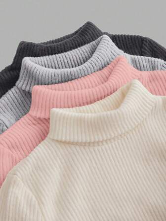 SHEIN Set de 4 camisetas de manga larga de punto acanalado con cuello alto informales para niñas preadolescentes