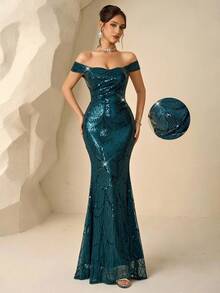 Coutiva Luxury Sequin Embroidered Formal Gown, High-End Elegant Party Dress Teal Formal Dress Off Shoulder Formal Dress Teal Sequin Dress Teal Cocktail Dress Teal Sparkly Dress - Dark Green - View 3