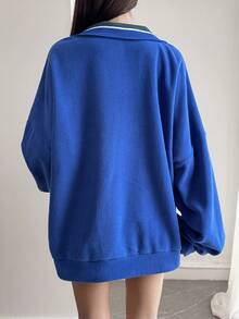 Livesso 女士休闲字母刺绣落肩宽松卫衣，秋冬款 - 寶藍色 - 查看 2