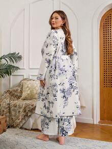 Serenescape Crinkle Print Vacation Style Robe And Camisole Pants Set, Autumn/Winter - Khaki - View 2
