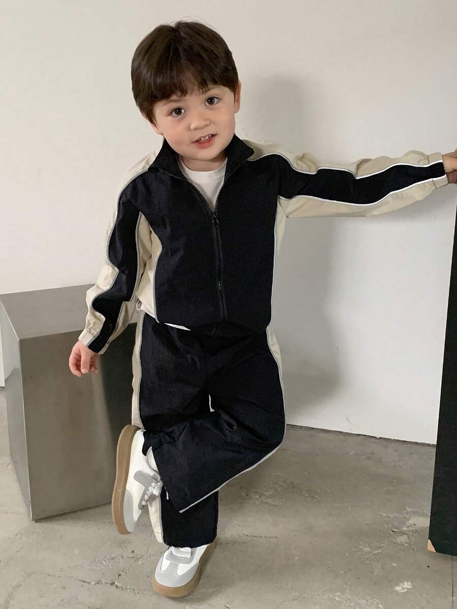 DAZY 2pcs Toddler Boys Casual Contrast Color Jacket And Pants Set - Black and White - View 1