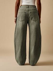 MISSGUIDED Pantalones vaqueros de cintura alta, pierna ancha y corte barrel con lavado vintage, ajuste relajado y diseño utilitario para uso casual diario - Verde militar - Ver 2