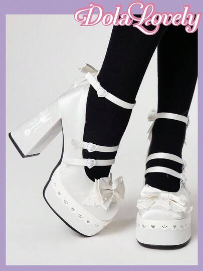 Dola Lovely Zapatos de tacón alto cerrados de punta con correa para mujer, plataforma impermeable, estilo Lolita gótico con lazo, bombas de estilo JK