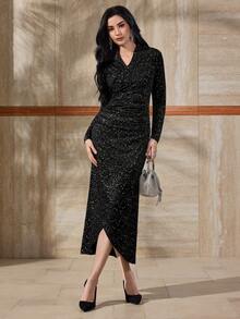 Modelyn Vestido elegante de mujer con cuello en V, manga larga, estampado brillante y plisado ajustado - Negro - Ver 2